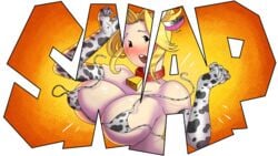 blonde_hair blush bra_slip comic_text cow_bell cow_bikini diddy semajz