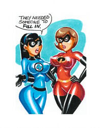 2girls aged_up armwear belt blue_background bodysuit breasts brown_eyes brown_hair clothed clothing color commission cosplay costume dialogue digital_drawing_(artwork) disney domino_mask elastigirl english_text eyewear fantastic_four female female_only footwear fully_clothed gravhell handwear helen_parr hourglass_figure human human_only invisible_woman_(cosplay) joe_gravel legwear light-skinned_female light_skin lower_body marvel mask mature mature_female milf mother_and_daughter pixar short_hair speech_bubble standing straight_hair superheroine text the_incredibles thick thick_thighs thigh_boots thighhigh_boots violet_parr watermark white_background wide_hips