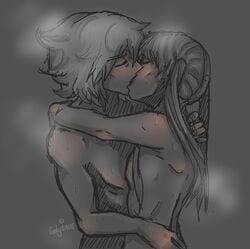 arms_around_neck couple kissing maka_albarn pigtails romantic soul_eater soul_eater_evans steam sweat wholesome