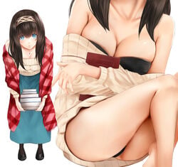 bare_legs barefoot black_hair blue_eyes book breasts cleavage female holding holding_book idolmaster idolmaster_cinderella_girls irohakaede jewelry large_breasts leaning_forward long_hair looking_at_viewer necklace off-shoulder_sweater off_shoulder panties pantyshot ribbed_sweater sagisawa_fumika shawl simple_background sitting solo sweater underwear white_background