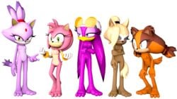 3d amy_rose anthro avian badger beak bird blaze_the_cat blonde_hair blue_eyes breasts brown_body brown_hair domestic_cat eyelashes female fingers furry gloves green_eyes half-closed_eyes hedgehog idw_comics idw_publishing mobian_(species) orange_body orange_hair pink_hair png ponytail purple_body purple_hair pussy rarequinez sega sonic_(series) sonic_boom sonic_riders sonic_the_hedgehog_(comics) sonic_the_hedgehog_(idw) sonic_the_hedgehog_(series) standing sticks_the_badger sticks_the_jungle_badger sticks_the_tejon wave_the_swallow whisper_the_wolf wolf yellow_eyes