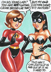 2girls aged_up armwear blue_background breasts brown_eyes brown_hair casual clothed clothing color commission costume dialogue digital_drawing_(artwork) disney domino_mask elastigirl english_text eyewear female female_only fully_clothed gravhell handwear helen_parr hourglass_figure human human_only joe_gravel legwear light-skinned_female light_skin lower_body mask mature mature_female milf mother_and_daughter pixar short_hair speech_bubble standing straight_hair superheroine text the_incredibles thick thick_thighs thigh_boots thighhigh_boots violet_parr voluptuous voluptuous_female watermark wide_hips