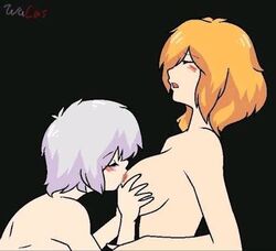 ann_chica_(fnafhs) big_breasts big_penis blonde_hair breast_sucking breastfeeding chica_(fnafhs) female_only fnafhs fnafhs_z3ro nipple_suck puppet_(fnafhs) sucking_nipples tomboy white_hair yuri