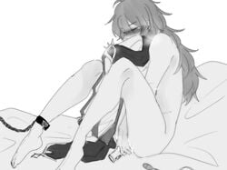 black_and_white blush chains childe_(genshin_impact) clothes_sniffing cum dildo diluc_(genshin_impact) femboy genshin_impact monochrome simple_background solo_focus solo_male tartaglia_(genshin_impact) twink yaoi