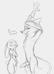 2021 animal_genitalia animal_penis anthro anthro_on_anthro balls black_and_white bottomless canid canine canine_penis clothed clothing dialogue disney duo ears_down english_text erection female flat_chest fox genitals interspecies judy_hopps knot lagomorph larger_male leporid male male/female mammal monochrome nick_wilde nude penis pivoted_ears predator/prey rabbit s1m size_difference sketch smaller_female text undressing zootopia