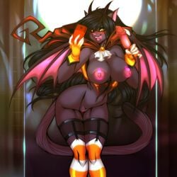 anthro bat black_hair blush breasts clothed clothing crystal-for-ever detailed_background fangs female female_only fluffy fluffy_tail food fur genitals hair ice_cream nipples open_mouth open_smile partially_clothed purple_fur pussy smile solo tail teeth tongue tongue_out wings yellow_eyes