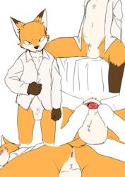 2017 animal_genitalia anthro anus balls biped blush bottomless canid canine clothed clothing digital_media_(artwork) duo edit flaccid fox genitals looking_at_viewer looking_back lying male male_focus mammal manmosu_marimo nude penis presenting senior_fox sheath sheath_grab sheath_play simple_background sitting solo_focus standing uncensored white_background