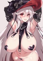 1girls armpits arms_behind_head bangs black_heart_pasties black_pasties cleavage detached_sleeves female fuya_(tempupupu) garter_straps gloves granblue_fantasy hat heart_pasties huge_breasts long_hair looking_at_viewer magisa_(granblue_fantasy) pasties red_eyes smile solo thighhighs white_hair witch_hat