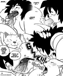 2021 anthro balls blush closed_eyes comic domestic_cat dragon_ball duo english_text erection felid feline felis gay genitals hi_res human human_on_anthro humanoid_genitalia humanoid_hands humanoid_penis interspecies kamudragon karin_(dragon_ball) korin_(dragon_ball) male male/male male_only mammal oral overweight overweight_male penis sex text yajirobe yaoi