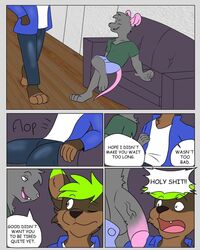 anthro apartment brown_body brown_fur canid canine canis clothing comic dialogue dragov fur furniture genitals green_hair grey_body grey_fur hair hi_res kingdraws male male/male mammal mouse murid murine penis rodent size_difference sofa surprise wolf