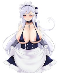 apron apron_lift areola_slip azur_lane bedroom_eyes belfast_(azur_lane) big_areola big_breasts big_nipples bikini_top braided_hair breasts breasts_together chain chain_leash cleavage collar collar_chain curvy dress erect_nipples erect_nipples_under_clothes female frilled_apron frilled_dress frilled_hairband frills front_heavy_breasts front_view full_cleavage half-closed_eyes huge_breasts huge_nipples joints leash leash_between_breasts lifting_apron long_cleavage long_hair maid maid_headdress maid_uniform neck_chain nipple_bulge nipple_outline pink_areola prosthetic_hand purple_eyes purple_hair robot_joints robotic_arm seductive_eyes seductive_look skirt smiling soft_breasts solo standing submissive thick_thighs underboob unknown_artist very_long_hair white_apron white_background white_breasts white_hair