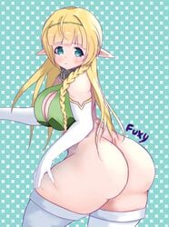 1girls absurdres ass big_ass blonde_hair blush bottomless breasts collar elf eyebrows_visible_through_hair female fuxy gloves green_eyes hairband highres how_not_to_summon_a_demon_lord large_breasts long_hair looking_at_viewer pointy_ears pout shera_l_greenwood solo thick_thighs thighhighs