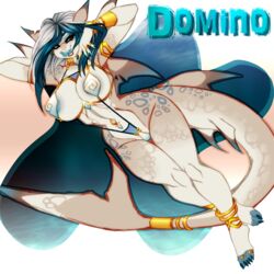 anthro bikini blue_hair breasts brown_eyes claws clothed clothing crystal-for-ever fangs female female_only hair marine partially_clothed piercing shark simple_background solo tail teeth tongue tongue_out two-tone_hair white_hair