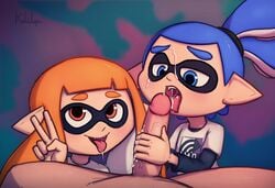 1girls 2boys animal_humanoid anthro bisexual_male blue_eyes blue_hair blue_inkling_boy both_sexes_in_same_situation cephalopod cephalopod_humanoid clothed_female_nude_male clothed_male_nude_male cum_on_face cum_on_tongue cute fangs fellatio female humanoid inkling inkling_boy inkling_girl john_(splatoon) kaori_(splatoon) kekitopu mask_(marking) nintendo orange_eyes orange_hair orange_inkling_girl peace_sign pointy_ears pov pseudo_hair splatoon splatoon_(series) squid tentacle tentacle_hair yaoi