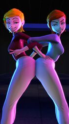 2girls annoyed ben_10 big_ass blonde_hair blue_shirt clone female female_only grin gwen_tennyson multiple_girls orange_hair pink_shirt selfcest shiningboyz3d white_pants