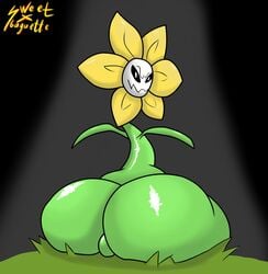 1boy ass_focus big_ass black_background black_eyes black_sclera butt_focus dark_background dark_eyes evil_look evil_smile featureless_crotch flower flower_petals flowey_the_flower flowey_with_nothing_else_but_a_massive_ass grass green_body green_skin huge_ass large_ass looking_at_viewer looking_back looking_back_at_viewer male male_only petals plant simple_background sitting solo solo_male sweetbaguette_(artist) text undertale voluptuous watermark white_pupils