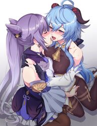 2girls blue_eyes blush cowbell earrings female_only fingering ganqing ganyu_(genshin_impact) genshin_impact gloves goat_horns hair_ornament horn hugging keqing_(genshin_impact) kissing multiple_girls negom pantyhose purple_eyes purple_hair skirt stockings sweat twin_braids twintails yuri