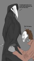 2boys brown_hair chained gay gloves grey_body hood_up mask masked plague_doctor scp-035 scp-049 scp_containment_breach scp_foundation sitting suggestive white_eyes