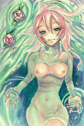 eyebrows_visible_through_hair female green_eyes ikkitousen ki-ju long_hair pink_hair rose shibai_chuutatsu smile solo traditional_media_(artwork) underwater