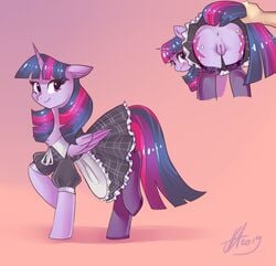 alicorn anus blush clothing equid equine female feral friendship_is_magic fur genitals hair horn maid_uniform mammal my_little_pony princess_twilight_sparkle_(mlp) purple_body purple_fur purple_hair pussy tail_grab twilight_sparkle_(mlp) uniform wings xjenn9