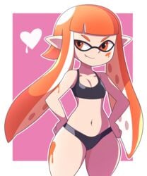 abysswatchers animal_humanoid anthro bangs black_panties black_underwear bottom_heavy cephalopod cephalopod_humanoid female humanoid inkling inkling_girl kaori_(splatoon) long_hair long_orange_hair mask_(marking) navel nintendo orange_eyes orange_hair orange_inkling_girl panties petite pointy_ears pseudo_hair shortstack simple_background small_breasts small_frame solo solo_female splatoon splatoon_(series) sports_bra squid tentacle tentacle_hair thick_thighs underwear wide_hips