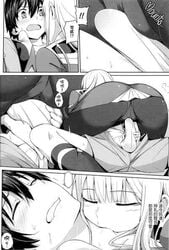 blush closed_eyes clothed_sex comic darling_in_the_franxx erection hiro_(darling_in_the_franxx) lowres monochrome neck_bite zero_two_(darling_in_the_franxx)