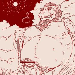 2021 anthro beard belly big_belly body_hair censored chest_hair clothing erection facial_hair genitals humanoid_genitalia humanoid_hands humanoid_penis kemono low_res male male_only mammal moobs nipples outside overweight overweight_anthro overweight_male penis run_aki solo suid suina sus_(pig) undressing wild_boar