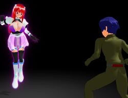 1boy 1girls 3d 3d_(artwork) animated ballbusting big_breasts blue_hair boko877 cbt clothing cock_and_ball_torture combat crotch_punch dress earrings fake_out femdom fighting flying girl_beats_hero gloves hair hair_ornament large_breasts levitation long_hair magic malesub panties plain_background punching purple_eyes red_hair reverse_ryona simple_background skirt teleportation thighhighs video