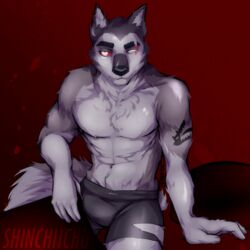 1boy 2021 abs absurd_res anthro biceps black_underwear boxers_(clothing) bulge canid canid_demon canine canis clothed clothing demon digital_media_(artwork) eye_scar facial_scar fur genital_outline grey_body grey_fur hellhound helluva_boss hi_res looking_at_viewer male male_only mammal muscular muscular_anthro muscular_male navel pecs penis_outline pinup portrait pose red_eyes red_sclera scar shaded shinchiichu signature simple_background smile solo teeth topless underwear vivienne_medrano vortex_(helluva_boss) watermark white_eyes wolf