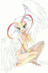 1girls 2009 antennae blush breasts claws curvaceous devilman feathers female green_eyes harpy head_wings humanoid ki-ju large_breasts light-skinned_female light_skin monster_girl nipples nude open_mouth pubic_hair simple_background sirene small_breasts solo talons villainess white_background white_hair wings