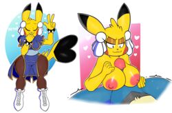 absurd_res anthro bedroom_eyes blackmore blue_clothing blue_fur breasts capcom chun-li_(cosplay) closed_eyes clothing cosplay cosplay_pikachu duo eyelashes faceless_male fellatio female femdom genitals hand_on_hip heart heart_shaped_tail hi_res looking_at_penis lucario male male/female narrowed_eyes nintendo nipples oral paizuri peace_sign penile penis penis_between_breasts pikachu pink_nipples pokemon pokemon_(species) raised_tail seductive sex shoes street_fighter thighs titjob twitch_lines v v_sign video_games yellow_body yellow_fur