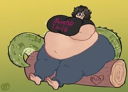 1boy 2021 absurd_res alligator_tail big_ass big_belly big_breasts black_hair clothed clothing fat gammanaut glasses hi_res highres huge_ass huge_belly human large_ass large_belly large_breasts male_only midriff moobs solo solo_male tail thick_thighs