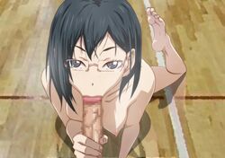 1girls asian black_hair blue_eyes censored dark_blue_hair eye_contact faceless_male feet glasses haikyuu!! kyabakurabakufu medium_hair oral pov seductive_eyes shimizu_kiyoko sucking