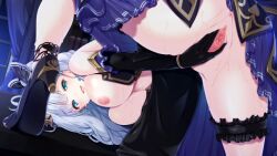 :d aito_(indigorabbit) anus aqua_eyes ass bangs black_footwear black_gloves breasts breasts_out censored come_hither curtains desk dutch_angle earrings elbow_gloves eyebrows_visible_through_hair female female_focus footwear game_cg gloves hair_ornament high_heels hime_to_in'yoku_no_testament indoors jewelry large_breasts leg_garter light_blush long_hair looking_at_viewer looking_through_legs mosaic_censoring night nipples non-web_source on_desk open_mouth pelvic_curtain presenting pussy pussy_juice shoe_soles showgirl_skirt smile solo spread_legs spread_pussy sweat top-down_bottom-up white_hair