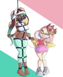 bondage bondage_gear bound boundlightning clothed femdom femsub gag gagged marina_(splatoon) nintendo panel_gag pearl_(splatoon) phone simple_background splatoon splatoon_2 sweat tentacle_hair