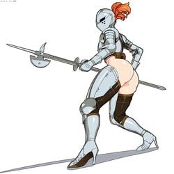 1girls arm armet armor ass ass_out bare_ass bottomless breastplate casual_nudity copyright_request couter cuirass cuisse female_knight gauntlets greaves heels helmet kardia_of_rhodes knight light-skinned_female light_skin medieval_armour nisetanaqa partially_clothed pauldrons plate_armor polearm poleaxe poleyn rerebrace sabatons vambraces weapon