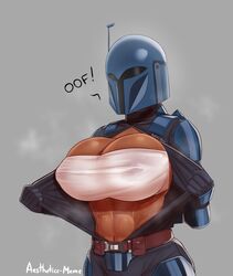 1girls abs aestheticc-meme airing_out armor big_breasts breasts cooling_off covering_breasts dark-skinned_female dark_skin female female_only heat helmet koska_reeves muscular_female star_wars steam steaming_body sweat sweatdrop sweating sweaty the_mandalorian