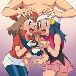 00s 1boy 2girls absurdres bandana bangs beanie bike_shorts blue_eyes blue_hair blush breasts brown_hair censored clothed_female_nude_male collaborative_fellatio collared_shirt commentary_request dawn_(pokemon) eyelashes fellatio female ffm_threesome gloves group_sex hair_ornament hairclip hat highres human leaning_forward licking licking_penis light-skinned_female light_skin may_(pokemon) miraa_(chikurin) mosaic_censoring multiple_fellatio multiple_girls nintendo nude open_mouth oral penis pink_scarf poke_ball_symbol pokemon pokemon_dppt pokemon_rse pokemon_trainer red_bandana red_shirt scarf shirt short_hair short_sleeves skirt sleeveless straight teamwork testicle_grab testicles threesome tongue tongue_out white_gloves white_headwear white_skirt