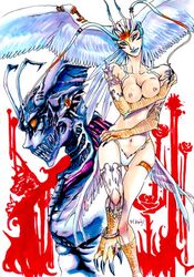 1boy1girl 1girls 2009 anklet antennae blue_lipstick breasts claws curvaceous demon devilman feathers female harpy head_wings humanoid ki-ju large_breasts light-skinned_female light_skin monster_girl nipples nude pubic_hair sirene talons villainess white_hair wings