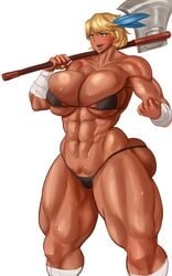 abs axe bandage big_breasts blonde_hair blue_eyes blush breasts dark_skin female female_only huge_breasts hyper_breasts large_breasts leather_clothing muscles muscular muscular_female natedecock nipples sweat sweating thick_thighs white_background wide_hips