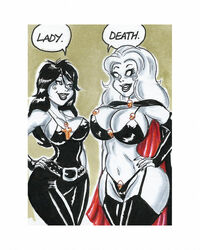 2girls black_nails cape chaos_comics cleavage clothed clothes clothing crossover dc dc_comics death_of_the_endless digital_media_(artwork) earring earrings elbow_gloves female female_only fully_clothed hips joe_gravel lady_death large_breasts lipstick long_gloves long_hair makeup nail_polish navel red_lips red_lipstick revealing_clothes seductive simple_background smile solo standing thighhighs thong white_body white_hair white_skin