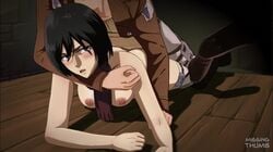 1boy 1girls ambiguous_penetration animated attack_on_titan choke_hold clothed_sex duo duo_focus edit large_ass large_breasts looking_pleasured mikasa_ackerman missingthumb on_stomach pale-skinned_female prone_bone romantic_couple sex shingeki_no_kyojin shorter_than_30_seconds sound tagme vaginal_penetration video