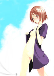 bad_id bad_pixiv_id breasts brown_hair cameltoe cleft_of_venus copyright_request female medium_breasts nekoge nipples open_clothes pussy pussy_juice short_hair simple_background smile tsurime