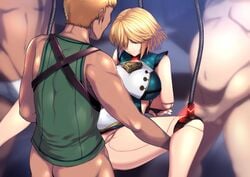 1girls 3boys blonde_hair fiora_(xenoblade) green_eyes huge_breasts nintendo rape robot_girl sex tied_up vaginal_penetration wazukani xenoblade_(series) xenoblade_chronicles