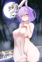 1girls big_breasts bunny_ears curvy_female erect_nipples female female_pubic_hair hairy_pussy purple_hair pussy reisen_udongein_inaba tagme touhou towel usaka_ray