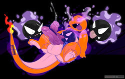 absurd_res anthro balls big_balls big_penis black_background black_body bodily_fluids charmander fan_character fangs gastly genital_fluids genitals group hadou hi_res licking looking_pleasured male nintendo oral orange_body penis pokémon_(species) pokemon precum satsui-n0-had0u simple_background sphere_creature tongue tongue_out video_games