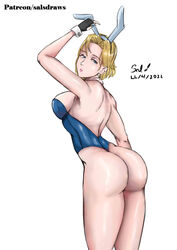 1girls android_18 ass blue_eyes bubble_butt bunny_ears bunnysuit dragon_ball dragon_ball_z looking_back rear_view salsdraws short_hair voluptuous