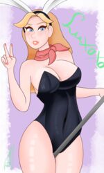 blonde_hair bunny_ears bunny_suit league_of_legends luxanna_crownguard peace_sign