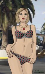 1girls agatha_baker blonde_hair female female_only grand_theft_auto grand_theft_auto_online grand_theft_auto_v green_eyes lipstick looking_at_viewer nude_female outside pink_dubsta solo taking_clothes_off underwear underwear_only white_skin