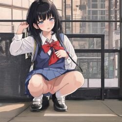 1girls ai_generated ankle_socks anklehighs black_hair black_loafers blush brown_eyes innie_pussy light-skinned_female light_skin loafers long_hair medium_breasts no_panties non-web_source pussy school_uniform socks solo spread_legs vagina white_socks